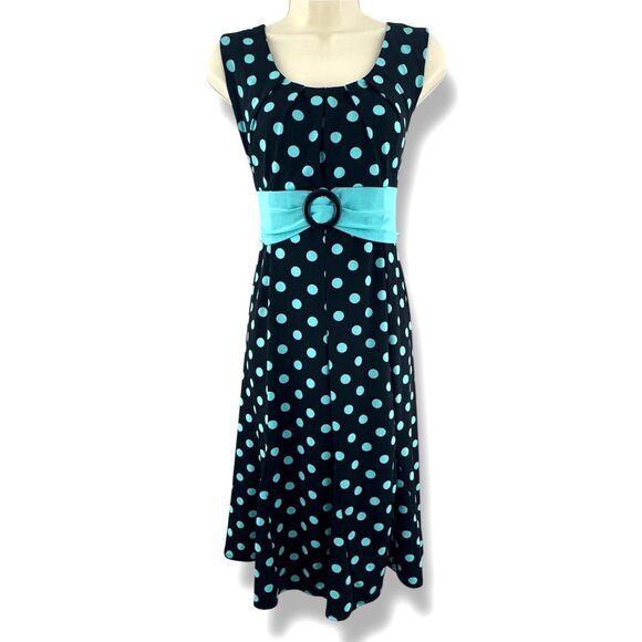 Dressbarn Black Aqua Polka‎ Dot Rockabilly Dress Pinup Size 16 Summer Plus Party - Picture 1 of 7